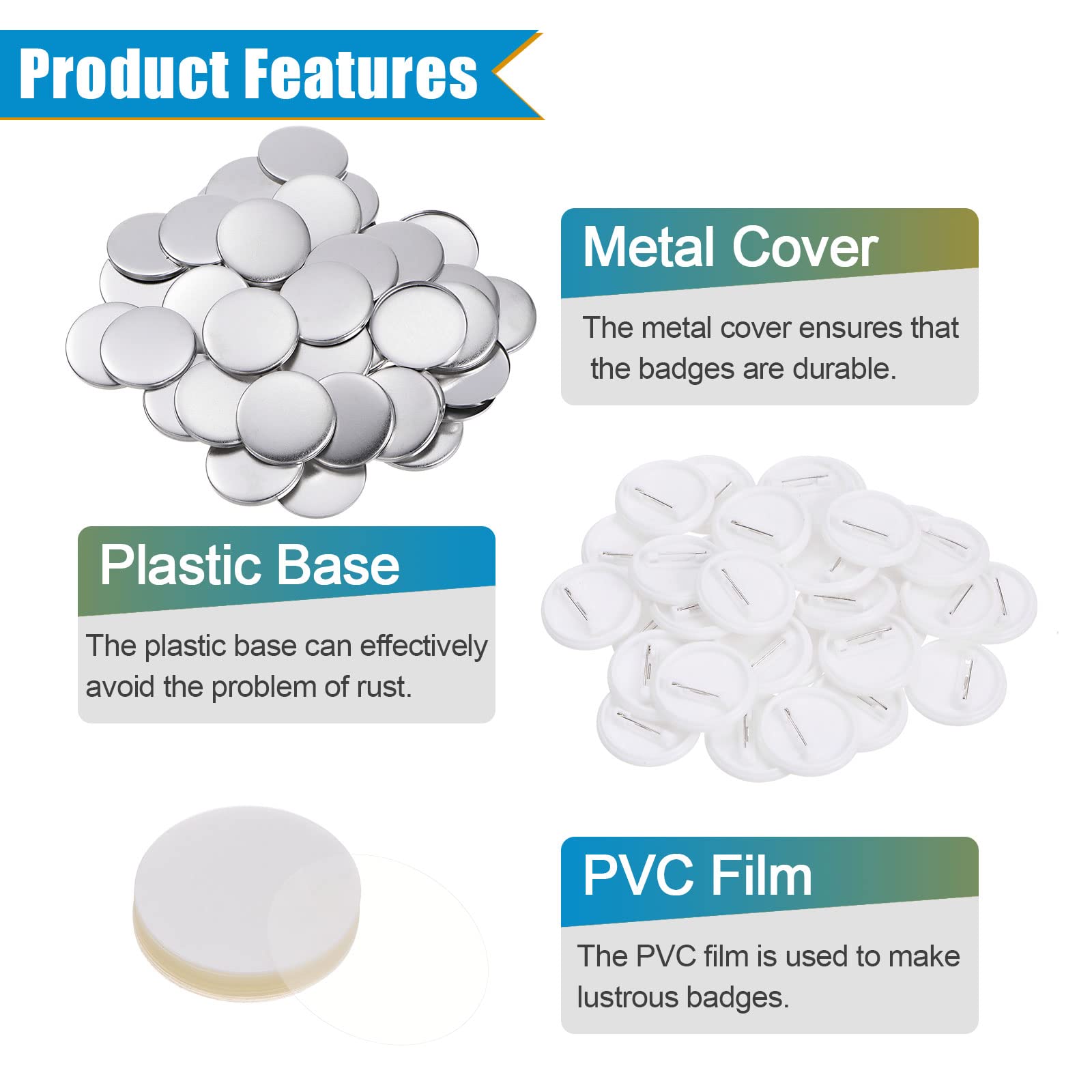 Sourcing Map Set da 120 pezzi di parti rotonde in metallo e plastica, 32 mm, pellicola trasparente per macchina per la creazione di bottoni