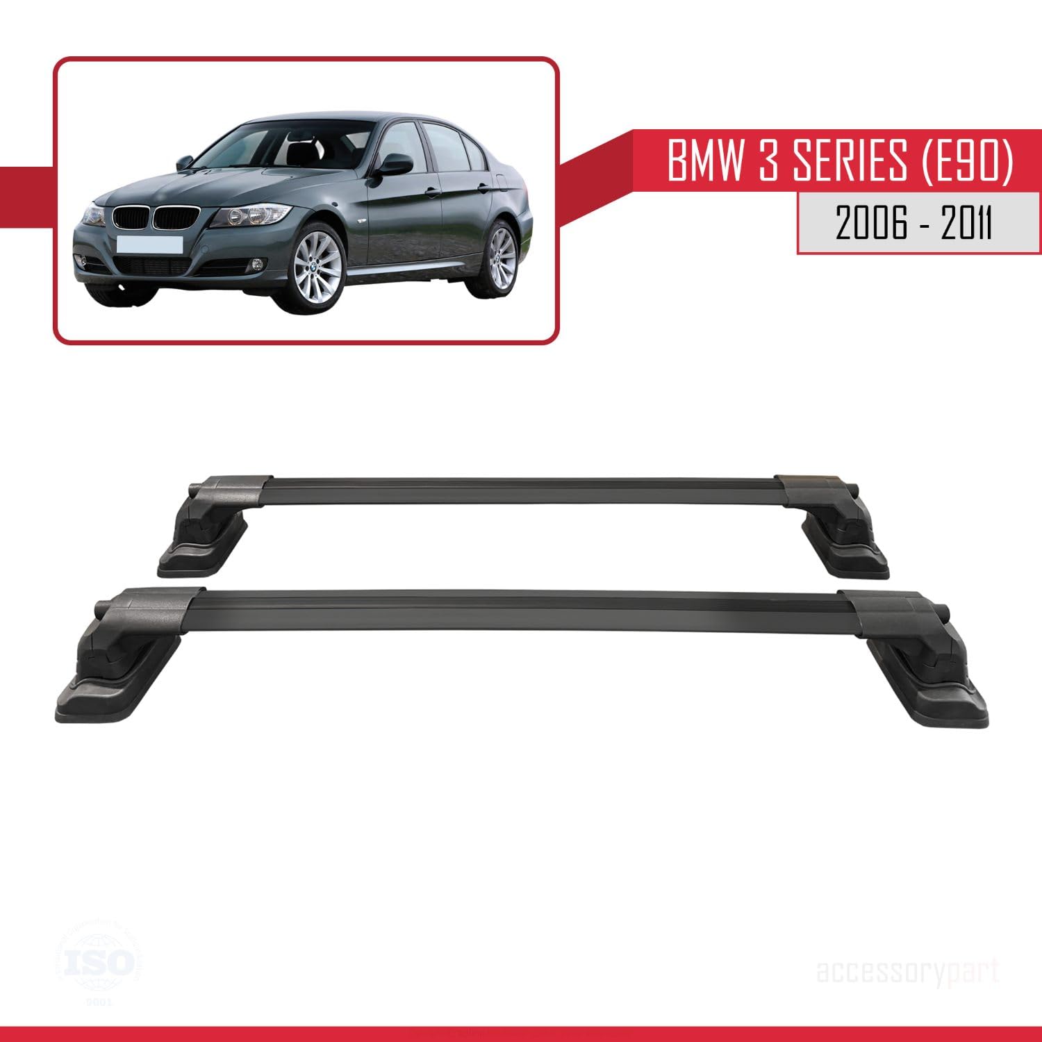 Compatible con BMW Serie 3 (E90) 2005-2012 Modelo Ace-3 Barra de Techo Auto Portaequipajes Barras Transversales Negro Aluminio 2 Barras