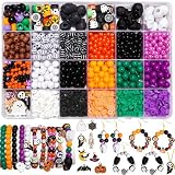 2100+PCS Halloween Beads Kit for Jewelry Making, Spooky DIY Crafts with Clay Charms Acrylic Rounds Pearls Pumpkin Skull Beads Ghost Witch Hat Bat Charms DIY Halloween Bracelets Necklace Earrings Craft