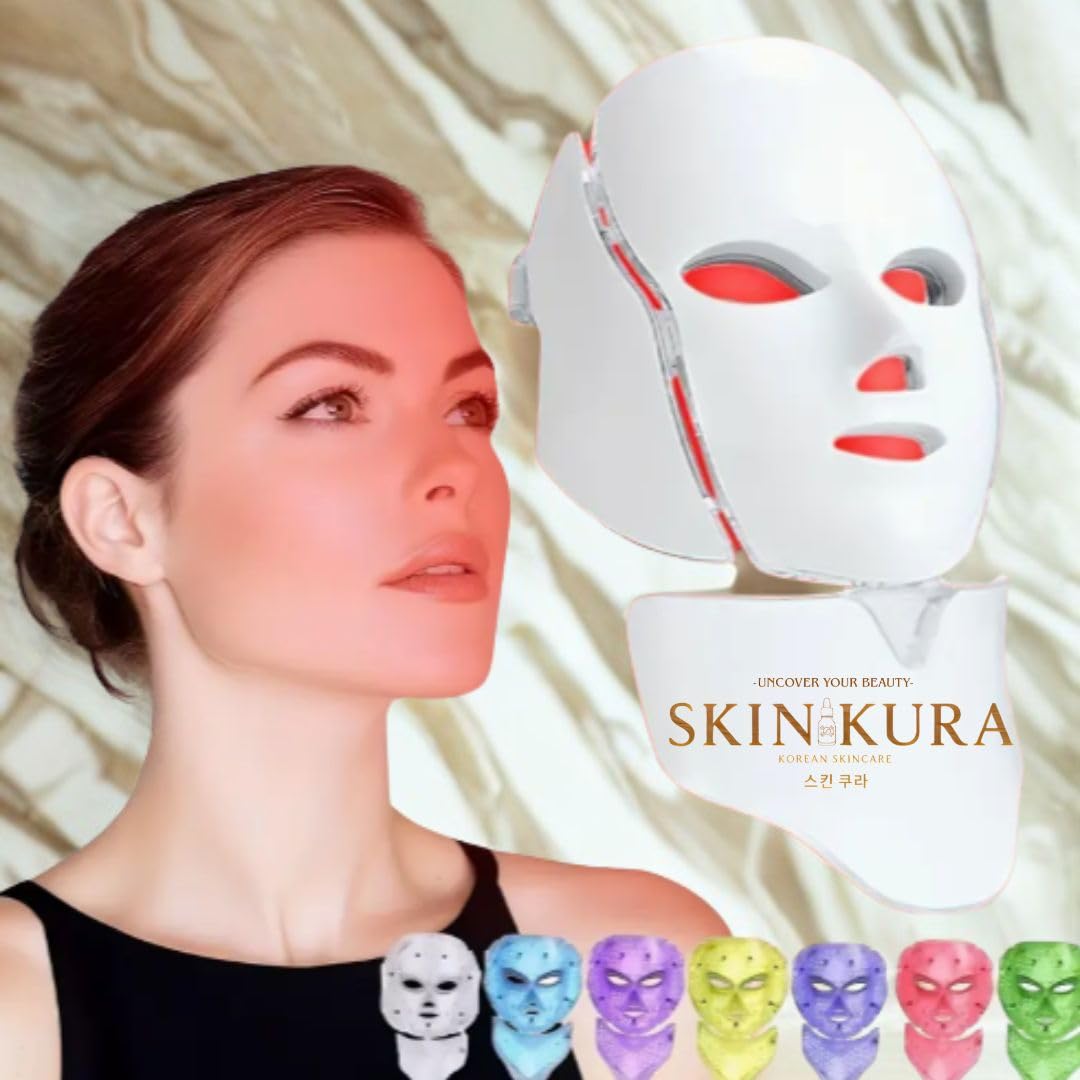 Skinkura LED maseczka do twarzy i szyi – 7 kolorowej terapii światłem, przeciwstarzeniowa, odmładzanie skóry Collagen – maska na twarz z przyciskiem dotykowym, 7 kolorów - Photon LED