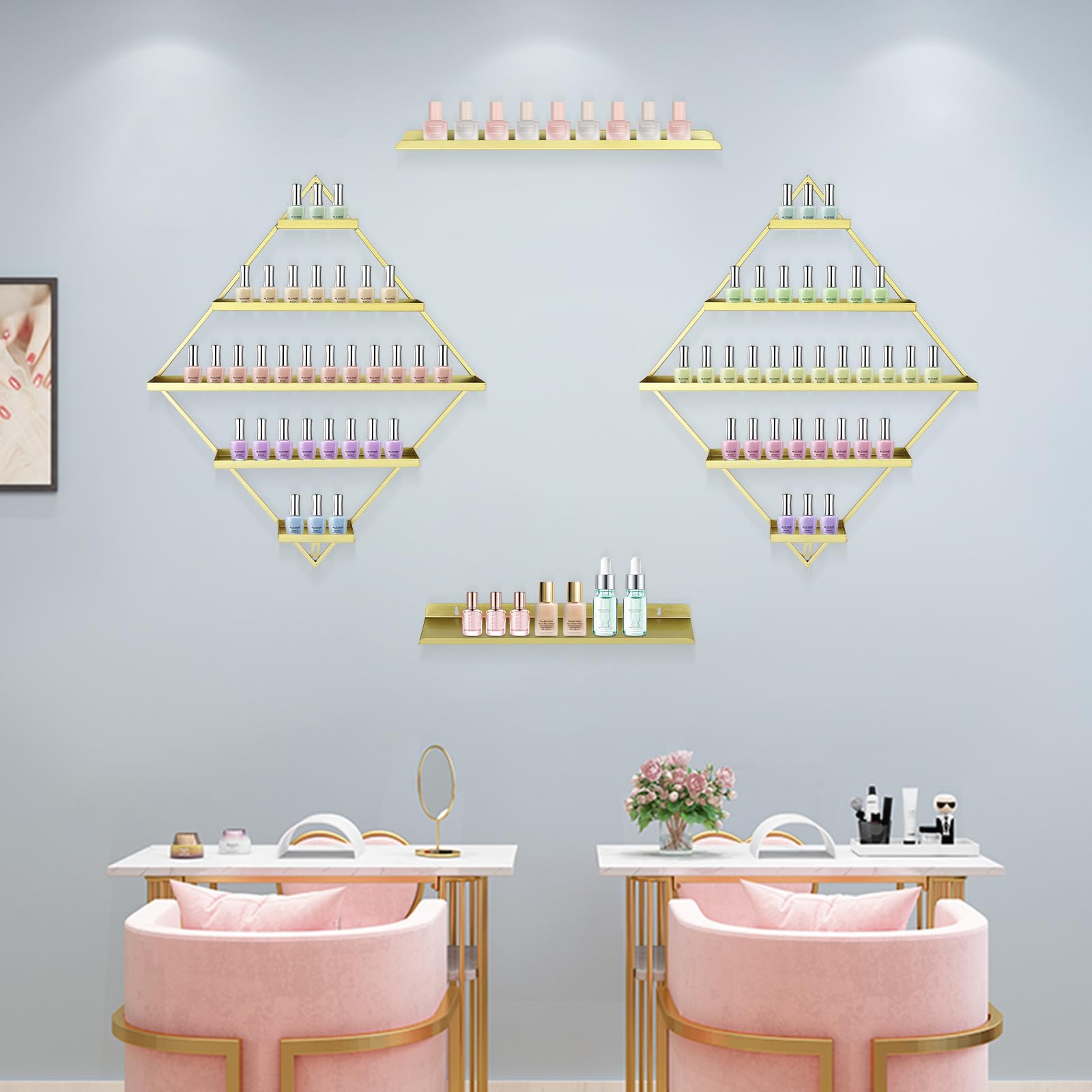 Wandregal Gold 4-teilig, Nagellackregal aus Metall 5-stufig Rhombus-Design, Goldenes Wandregal für Nagellack Aufbewahrung, Kosmetik & Parfüm – Eisen Dreieck Display Set (Gold)