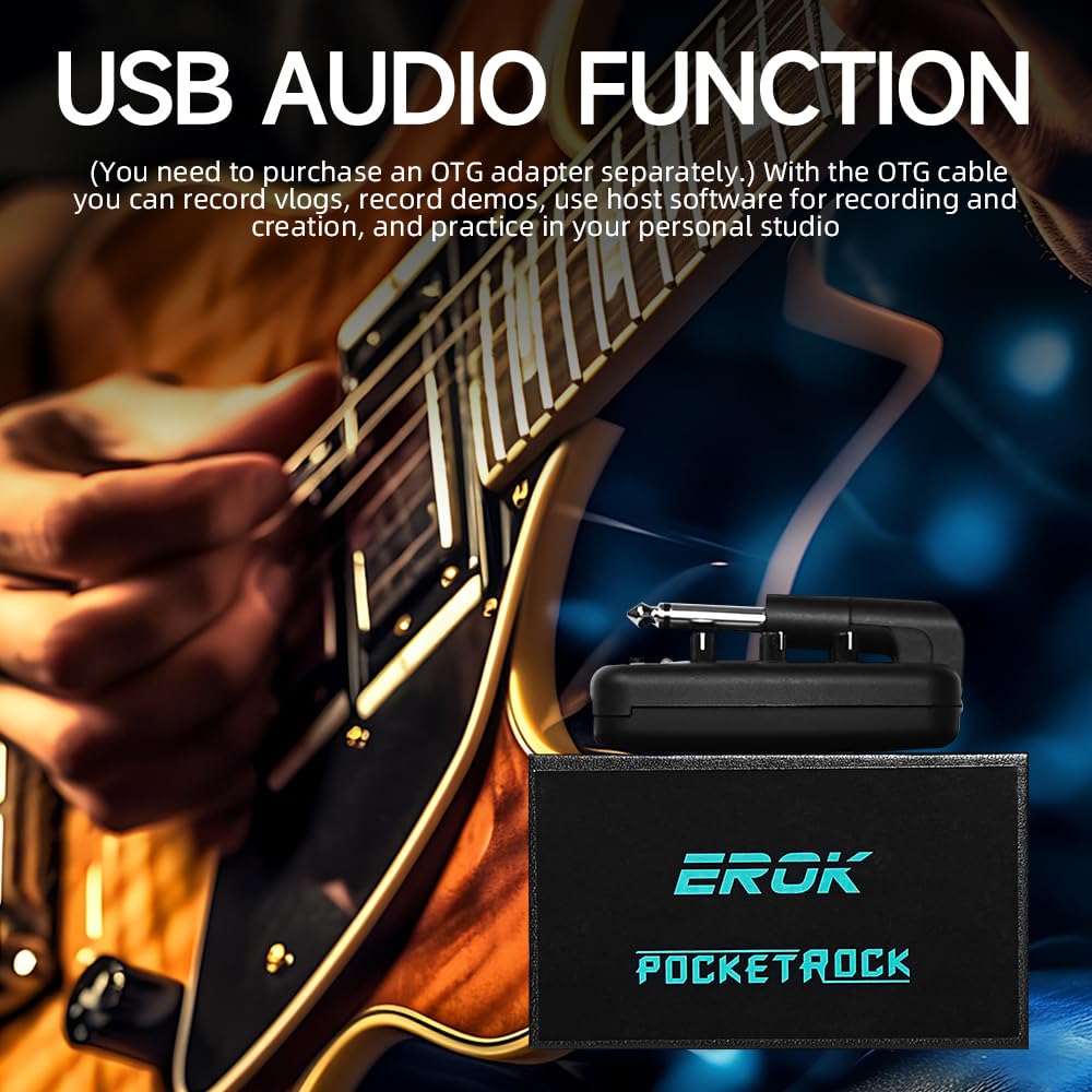 EROK Amplificatore per cuffie per chitarra con 9 toni di simulazione, effetti tascabili portatili ricaricabili tramite USB, con funzione wireless, supporto registrazione OTG