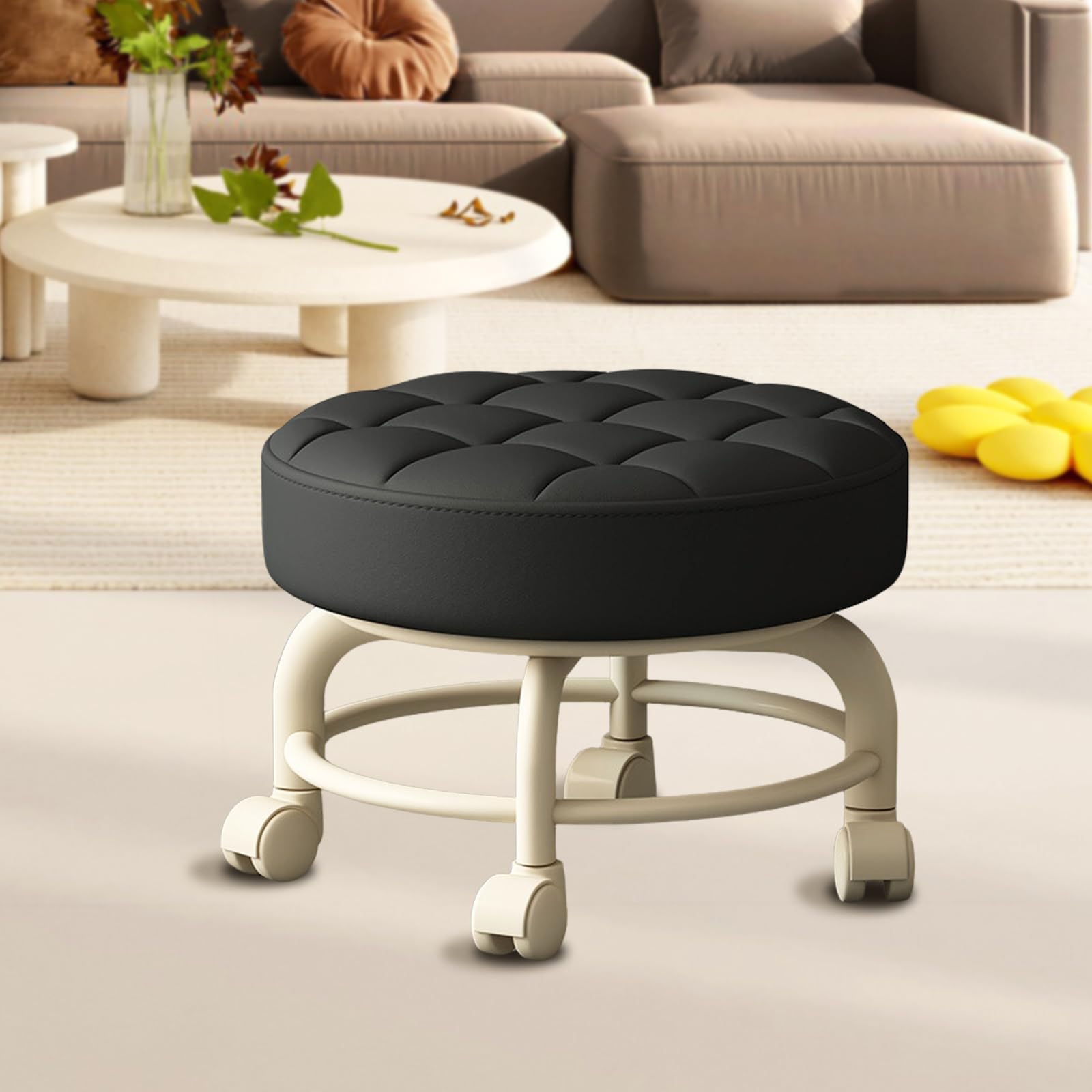 Condition photo showing New/Like New for low height rolling stool with wheels heavy duty rolling stools 360 degree rotating for home cleaning garage fix stool outdoor office working flooring cleaning (black)
