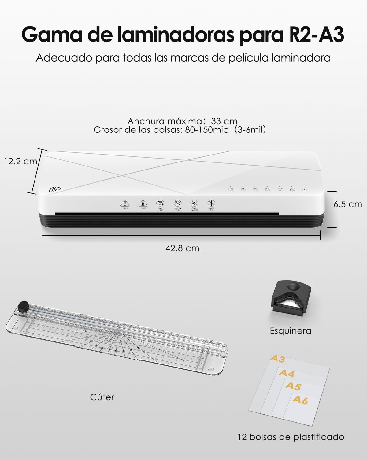 MAXDONE Plastificadora A3, Plastificadora, Máquina de Laminadora A3 A4 A5 A6 Termica platificadoras, Laminator con Función ABS para el Uso en Colegio Oficina Hogar con 12 bolsas de Laminado