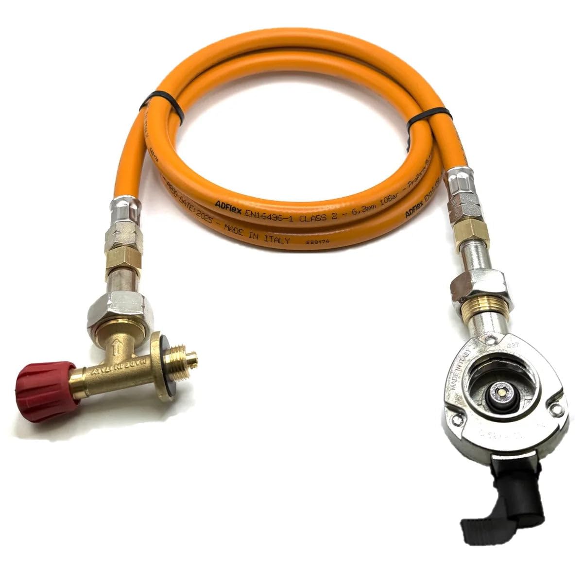 LPG Hochdruck-Gasschlauch-Set orange 80cm - 27mm Clip-On Gasflaschenadapter und 16mm Camping Gasabsperrventil