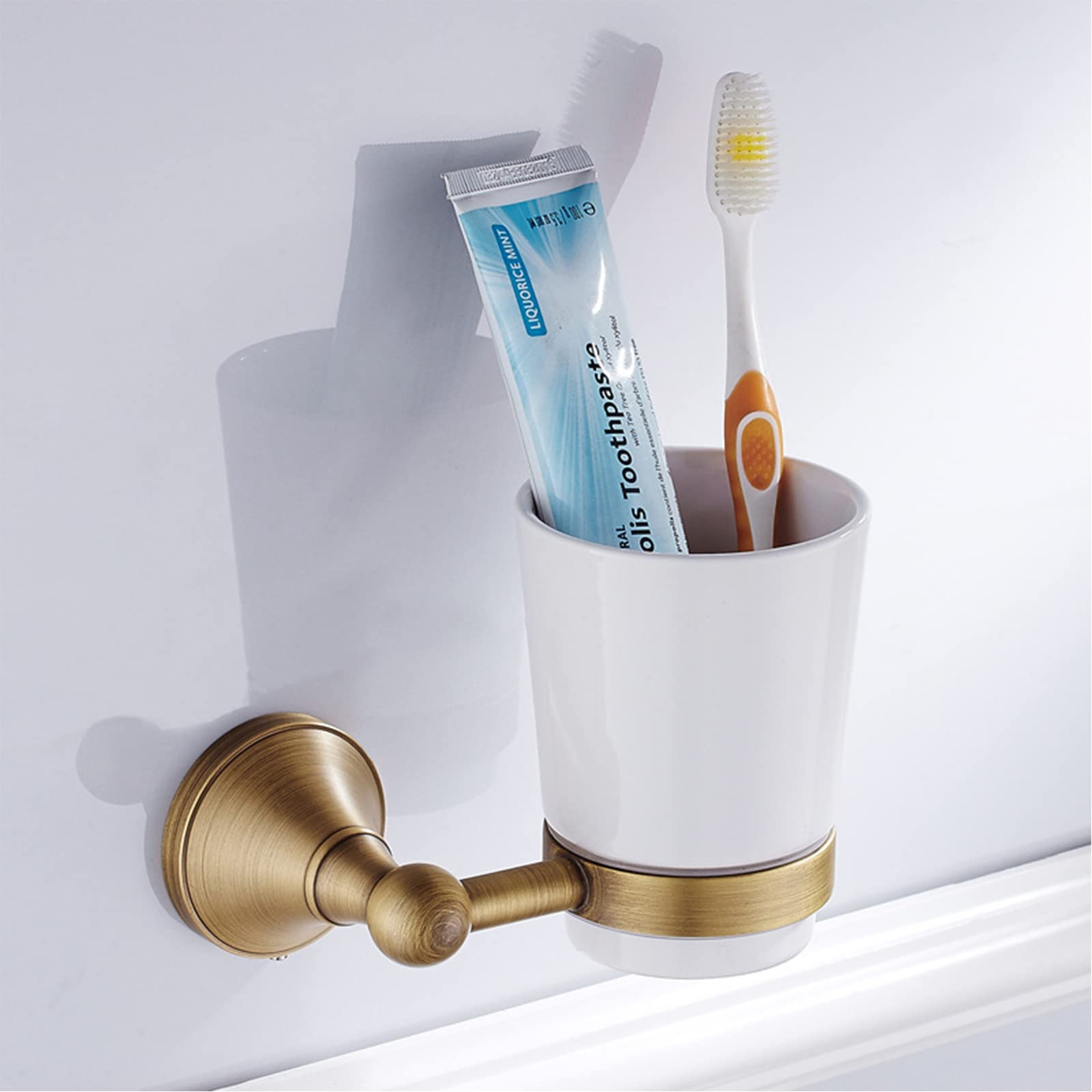 Soporte De Cepillo De Dientes Montado En La Pared, Soporte De Cepillo De Dientes De Latón Antiguo con Taza De Cerámica, Accesorios De Decoración De Accesorios De Baño