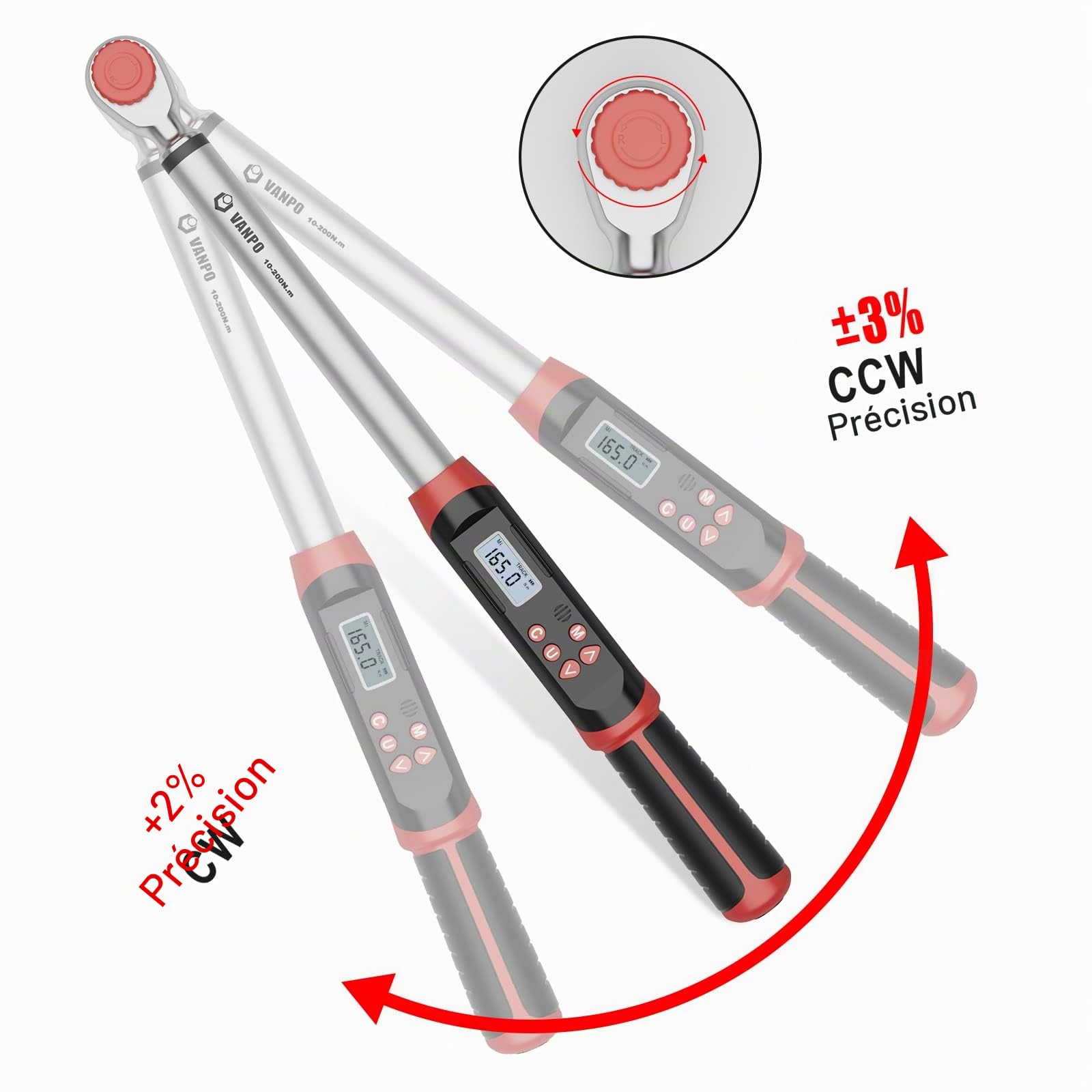 VANPO Clé Dynamométrique Numérique 1/2" 10-200 NM Électronique LED Buzzer