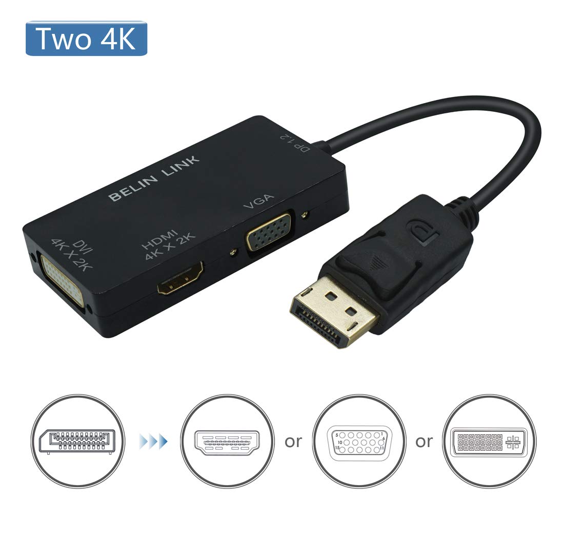 Adaptador DP a HDMI VGA DVI DisplayPort a HDMI Dos 4 K Adaptador 3 en 1 Display Port a HDMI VGA DVI Convertidor Macho a Hembra Chapado en Oro (Rectangular)