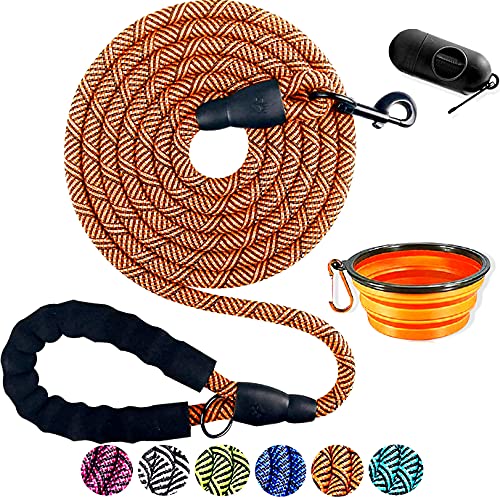 Doyoo Dog Leash 10Ft Thick Durable Nylon Rope - Comfortable Padded Handle Non Reflective Rope Dog Leash For Medium Large Dogs With Collapsible Pet Bowl And Garbage Bags (Non-Reflective10 Ft -Orange) #TOP1