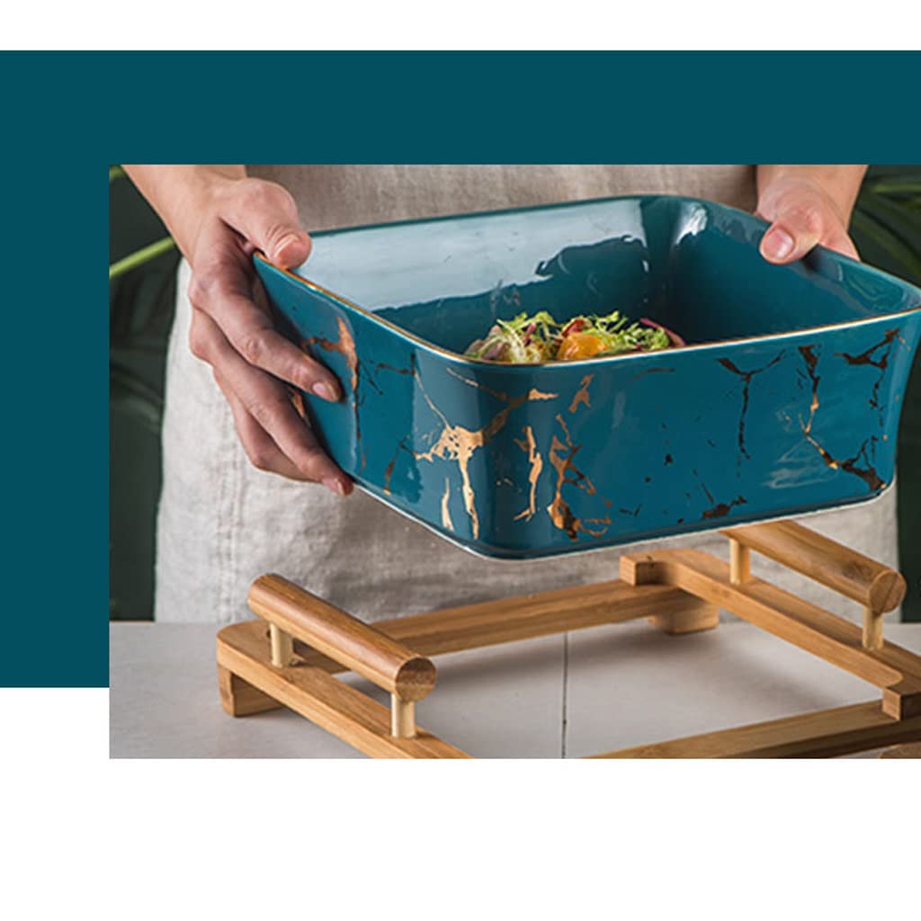 Saladier Bol à Dessert en céramique à Salade en céramique à Motif carré de Fruits en marbre Simple Nordique avec Support en Bois créatif Bol(B2pc,L)