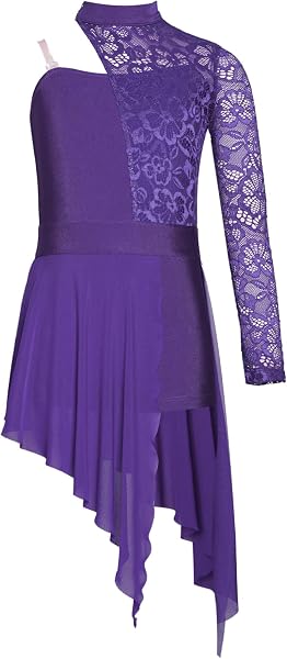 TTAO Enfant Fille Robe Ballet Danse Classique Asymétrique Une Manche Longue Justaucorps Gymnastique Dentelle Léotard Jazz Latine Robe Sport Patinage Dancewear 5-16 Ans - 3