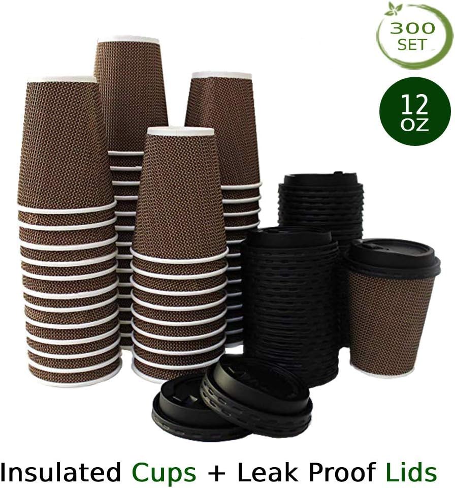 300 Count Disposable Coffee Cups (12 Ounce) - Eco Friendly Cups with Lids - No Sleeves Required - Insulated Leak Proof Cups - Premium Ripple Wall Paper Cups for Beverages Take Out Office Home Use