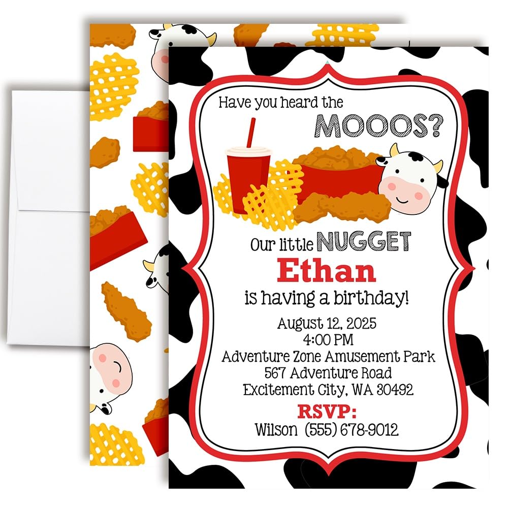 Custom Birthday Invitations Mooos & Nuggets Cow Themed Birthday Invites for Kids Pack of 50 5x7 Custom Chicken Nugget & Waffle Fry Invitation Cards With Fifty Envelopes - Unique Chicken Nugget Party Invites