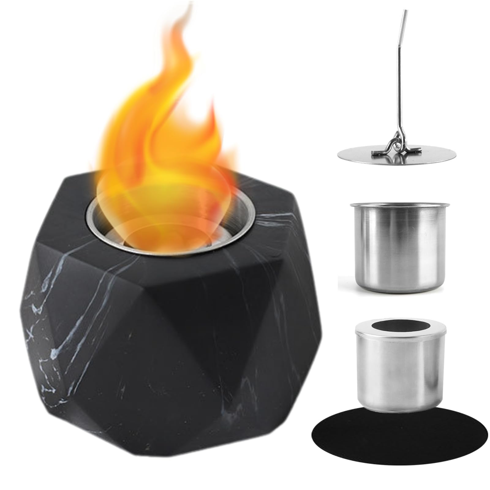Table Top Fire Pit Bowl,Modern Marbled Concrete Tabletop Fireplace Indoor Outdoor,Portable Rubbing Alcohol Burner Smores Maker,for Patio Balcony,with Extinguisher Cover (BLACK)