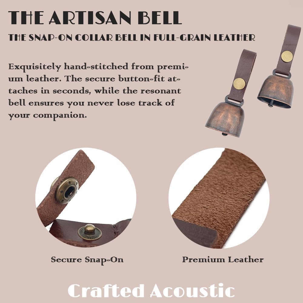Leather Dog Collar Bell with Quick-Release Snap Buttons Training Bells Anti-Lost ID Tags (2 Sets)