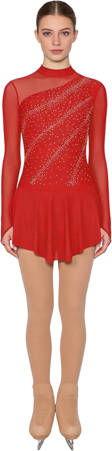 Women Figure Skating Costume Long Sleeve Rhinestone Dress with Mesh Boot Cover Tights