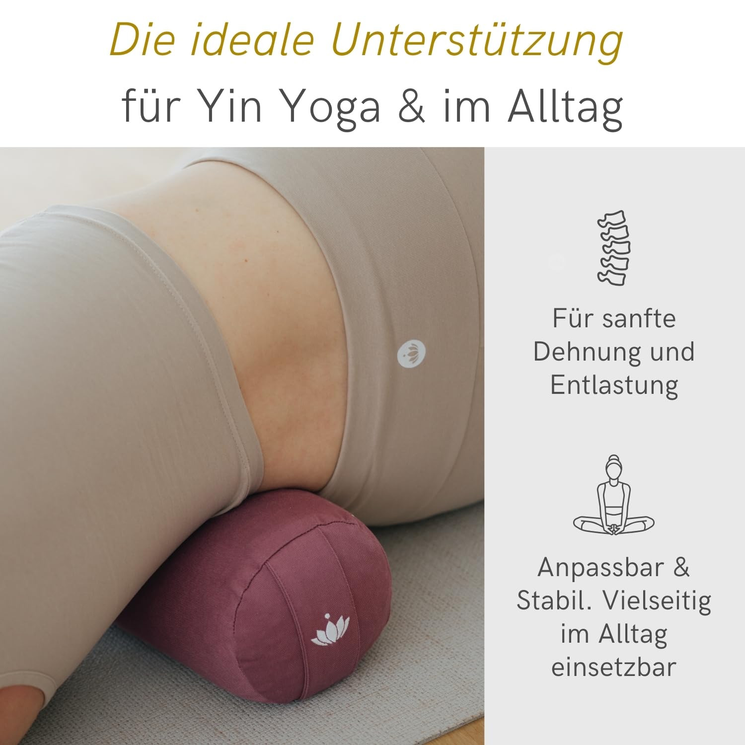 Lotuscrafts Yogarolle klein 40 x 13 cm Nackenrolle mit Bezug aus Bio-Baumwolle und Bio-Dinkelspelz GOTS zertifiziert