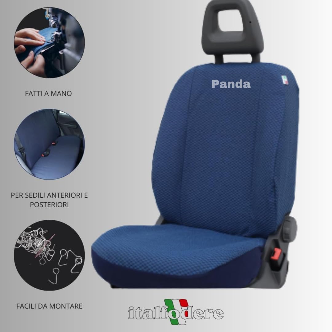 Italfodere - Accessori Auto - Coprisedili Auto Su Misura per Fiat Panda 2003-2011 II Serie - Anteriori e Posteriori - In Cotone - Facile da Installare - Fatti a Mano - Made in Italy - Azzurro 10