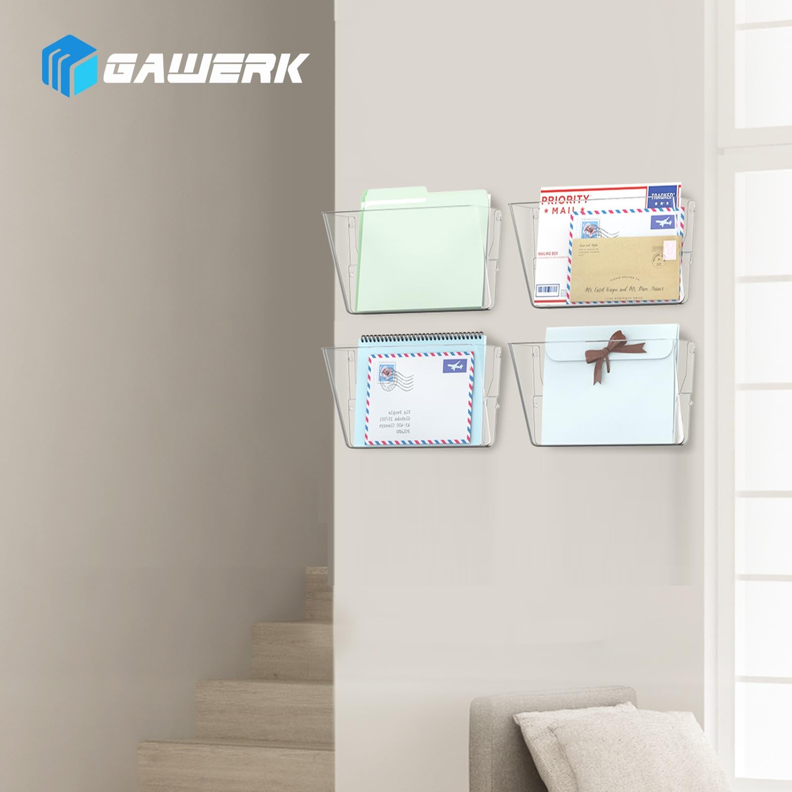 Gawerk Aktenhalter mit einer Tasche, Wandhalterung, transparent, 4 Stück | Acryl-Hänge-Wand-Organizer, Kunststoff-Wandhalterung, Posten, Zeitschriften, Organizer für Büro und Zuhause