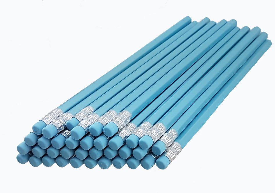 ezpencils - Pearl Blue Barrel Pencils with Blue Eraser & Silver Ferrule - 36 pkg - Non-Smudge Eraser - # 2 HB Lead - Unsharpened - Non-Branded