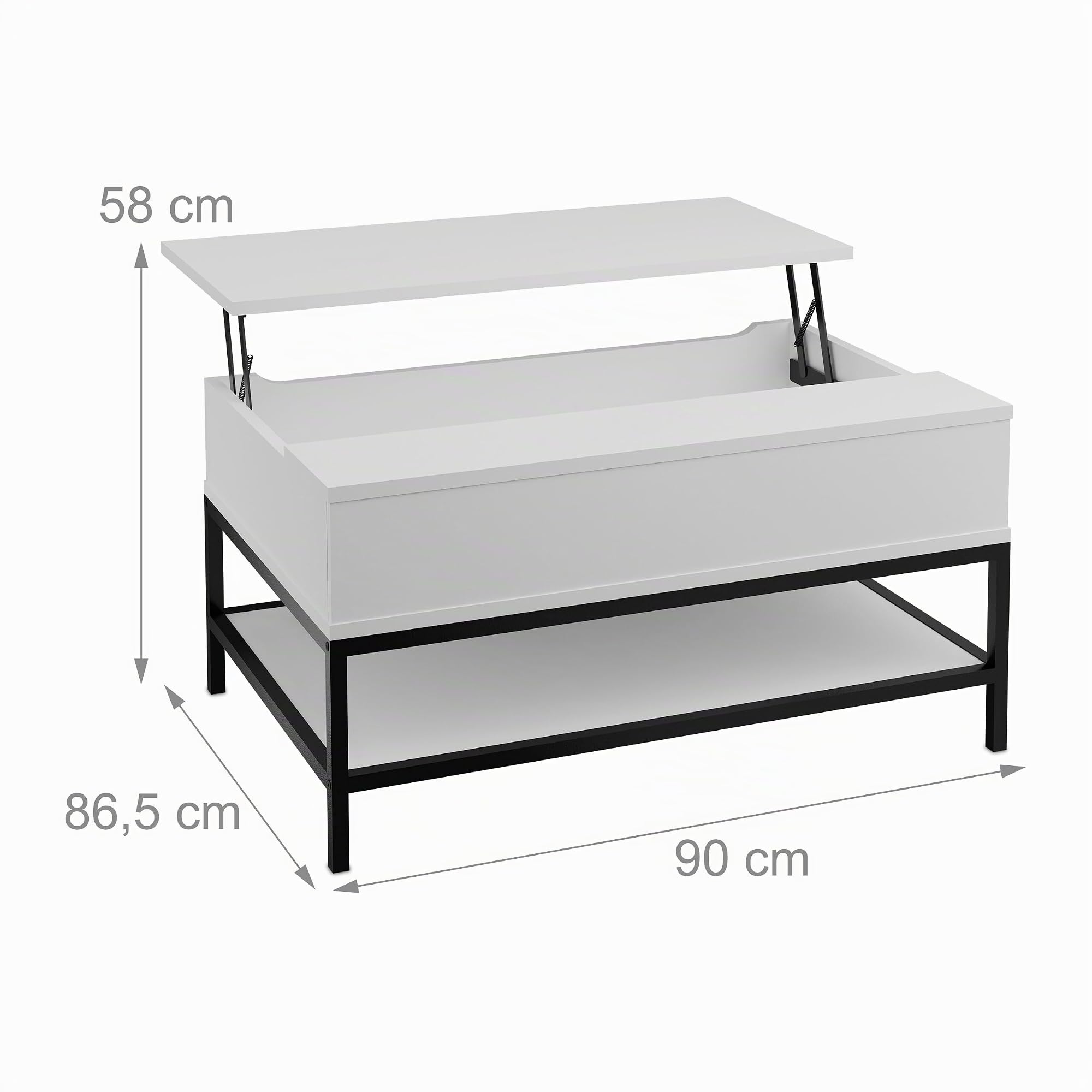 Relaxdays Mesa de Centro con Tablero Elevable, con Estante, Estilo Madera, 45,5 x 90 x 60 cm, Blanco y Negro