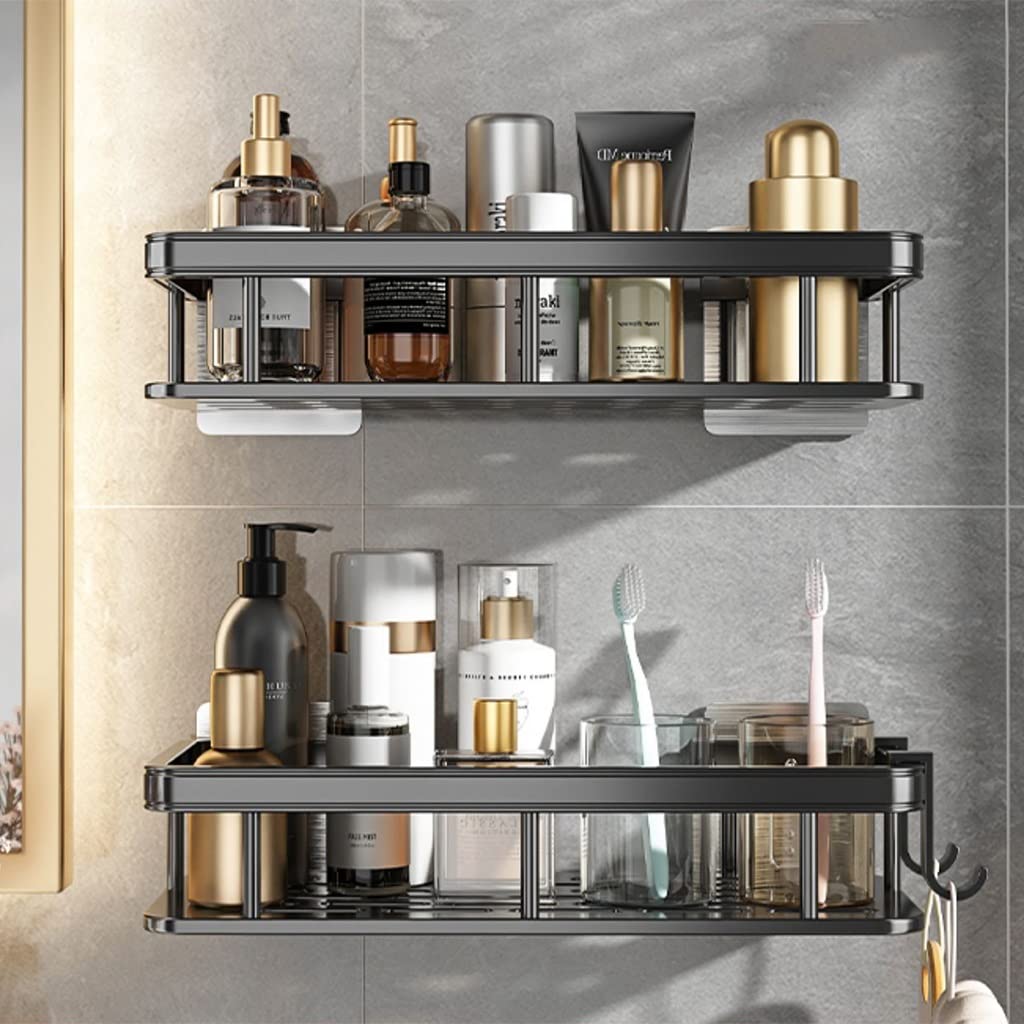 Duschablage, Eckduschablage, 2-Stöckige Duschablage, Selbstklebende Duschablagen Mit Haken, Wandmontage, Shampoo-Halter Für Badezimmer, Schwarz, 52687