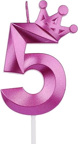 Vela de cumpleaños número 5, decoración temática morada para fiesta de cumpleaños número 5, velas de números diseñadas con corona 3D para decoración