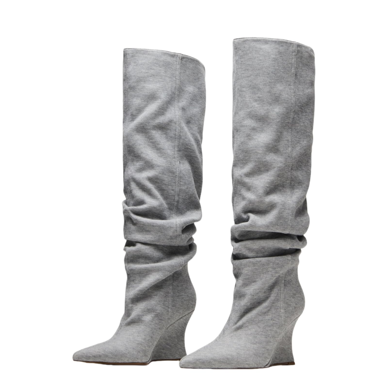 keleimusi Womens Slouched Ruched Knee High Boots Pointed Toe Wedge Boots Fashion Sexy Wide Calf Shark Boot for