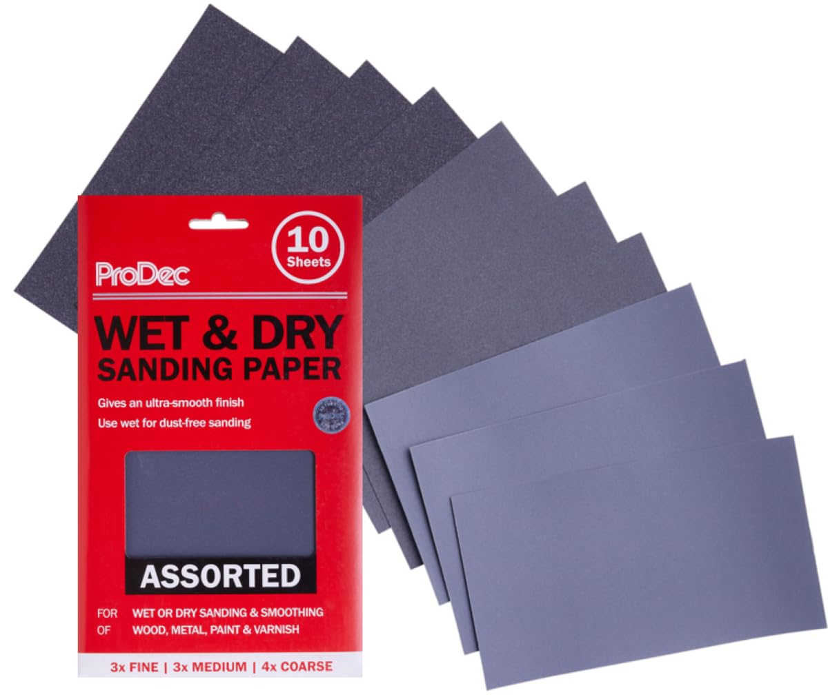 ProDec 10 pack Assorted Grades Wet & Dry Abrasive Sandpaper for Sanding Wood, Furniture, Metal, Plaster, Decorating, Automotive Sanding Sheets 9x5.5 inch (230x140mm), Wet and Dry