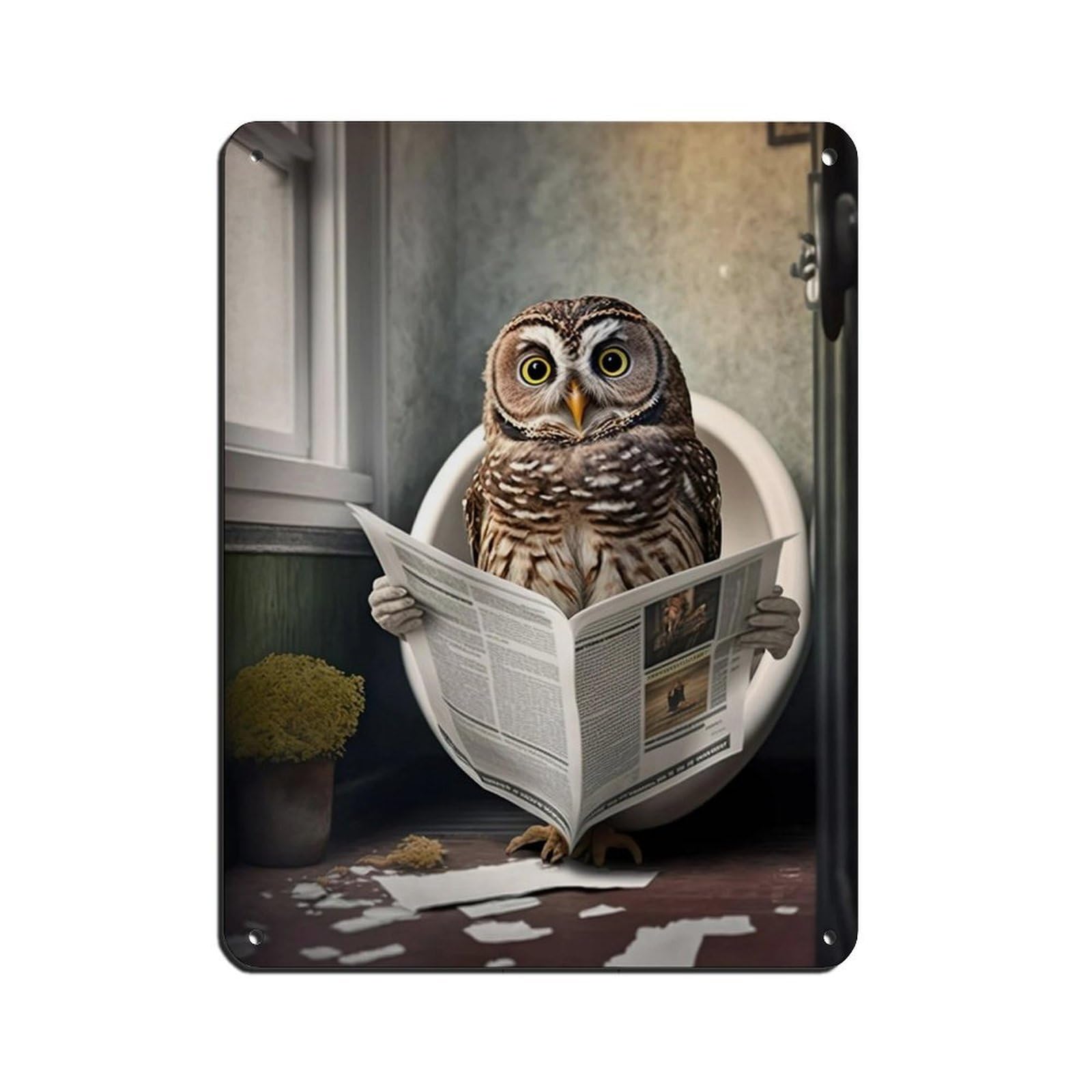 Owl Sitting on The Toilet Reading A Newspaper Retro Poster Metal Tin Sign Chic Art Retro Iron Painting Bar People Cave Cafe Family Garage Poster Wall Decoration 12x16inch(30x40cm)