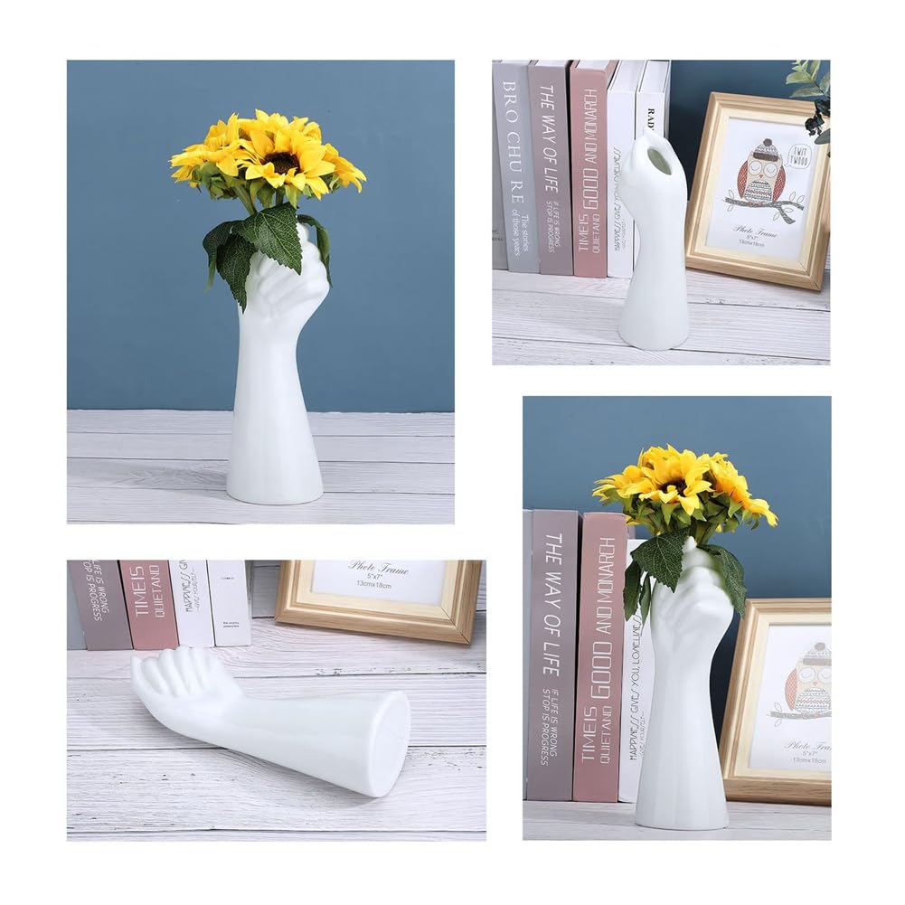 Pojedehy 9Inch Modern Art Ceramic Flower Vase Tabletop White Arm Vase for Home White - Image 3