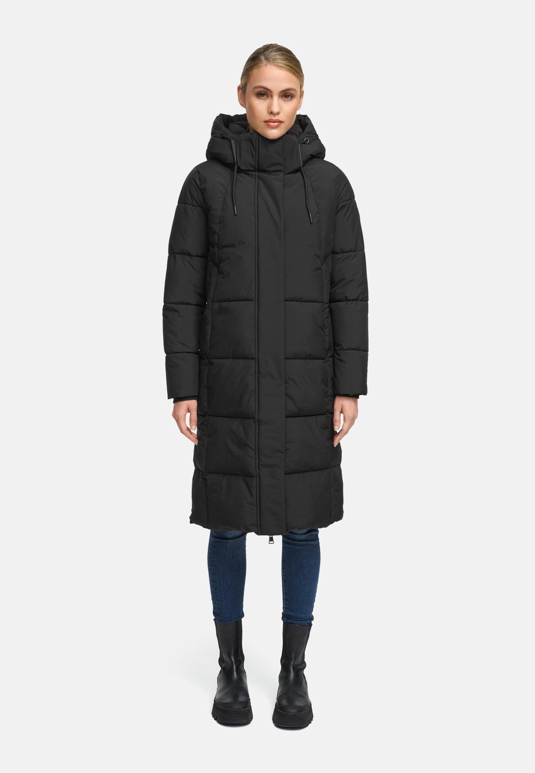 MARIKOO Damen Langer Wintermantel warmer Steppmantel mit abnehmbarer Kapuze und magnetischen Details Chumanii XVI XS-6XL
