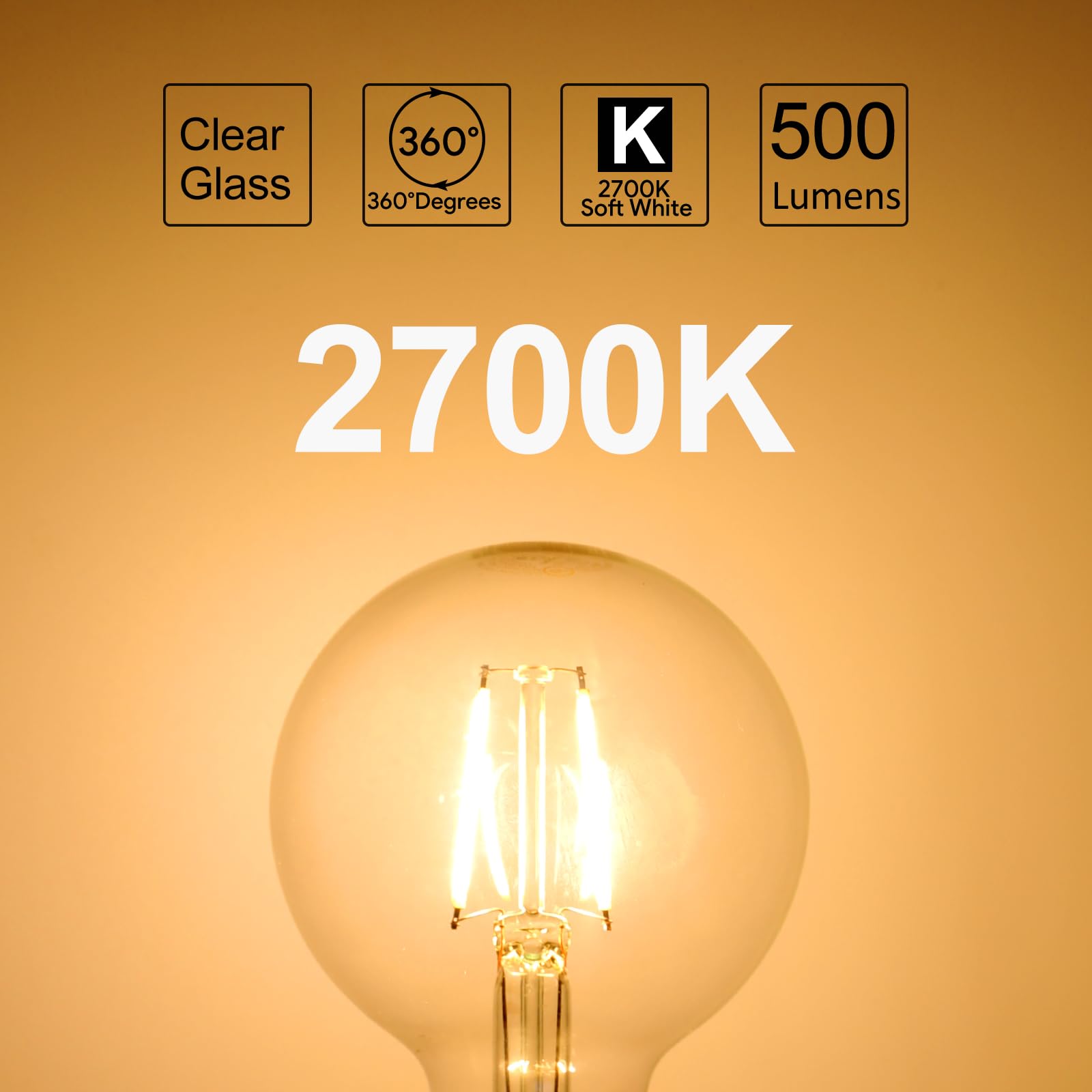 Lampadina a LED dimmerabile con attacco G25 vintage, equivalente a 60 W, 500 lumen, 2700 K, luce bianca morbida, attacco E26, certificazione UL, confezione da 6