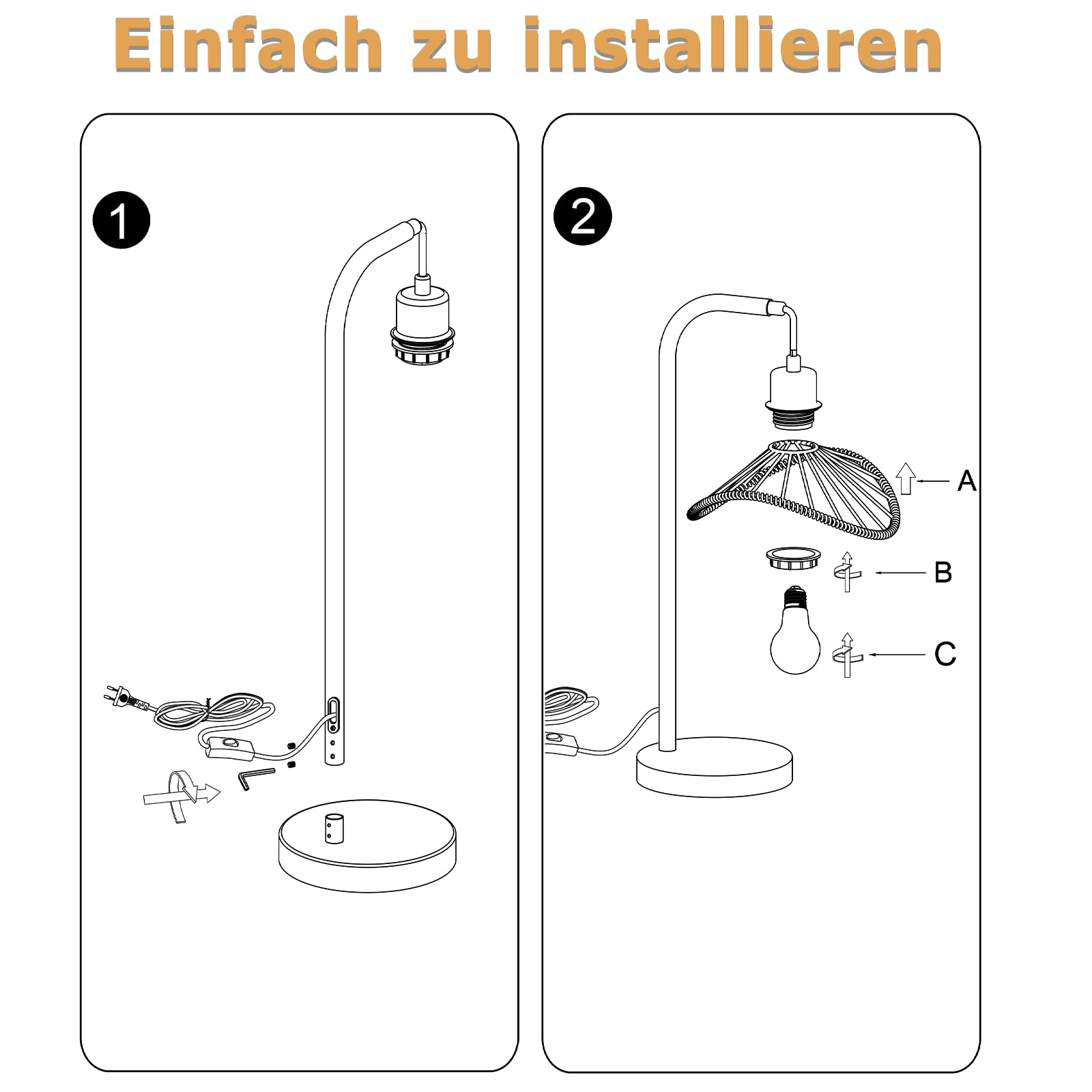 Tischlampe Schwarz Nachttischlampe Vintage 2er | Nachtlampe mit Kabel Tischleuchte E27 Schlafzimmer Schreibtischlampe Retro Leselampe Metall Tisch für Wohnzimmer