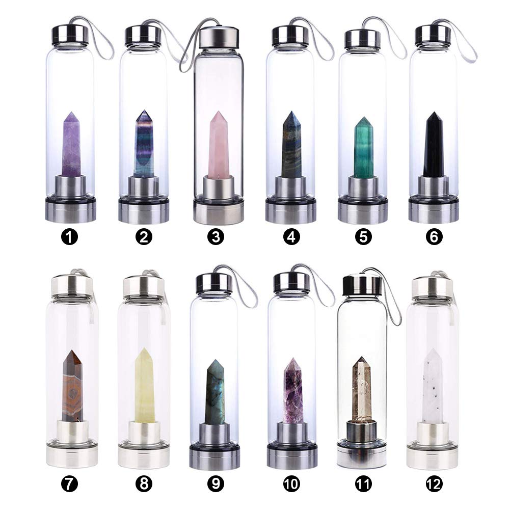 Crystal Glass Water Bottle, Water Bottle with Gemstone Center Crystal