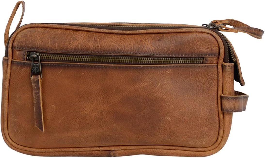 STS Ranchwear Men's Premium Full Grain Leather Oiled Waxed Pocketed Tucson Double Zip Shave Kit Bag with 2 Mesh Zip Slots, 1 Interior Zip Pocket, 2 Mesh Interior Side Pockets