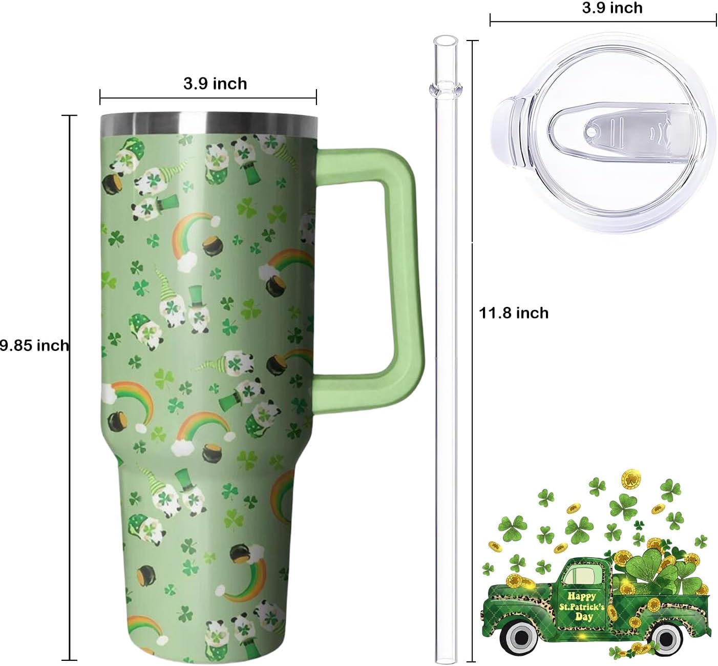 40oz St Patricks Day Tumbler with Handle and Straw, Green Irish Shamrocks Gnome Stainless Steel Vacuum Insulated Cup, Travel Mug Water Bottle, Gifts for Women Men - Image 2