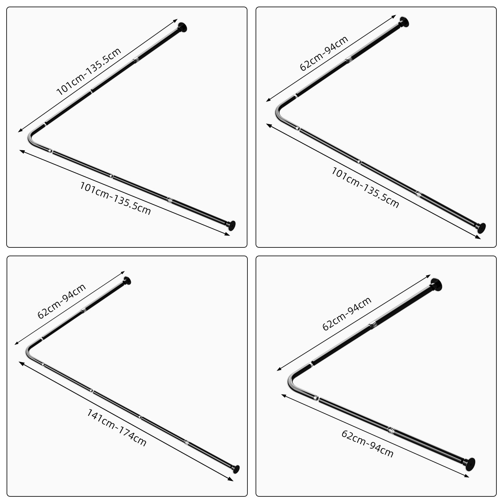 Bastone Tenda Doccia a L, estensibile 62–94x141–174cm, Nero | Dimensioni standard, 16 anelli per tenda doccia, leggero stabile, foratura, soffitto opzionale., doccia/vasca.