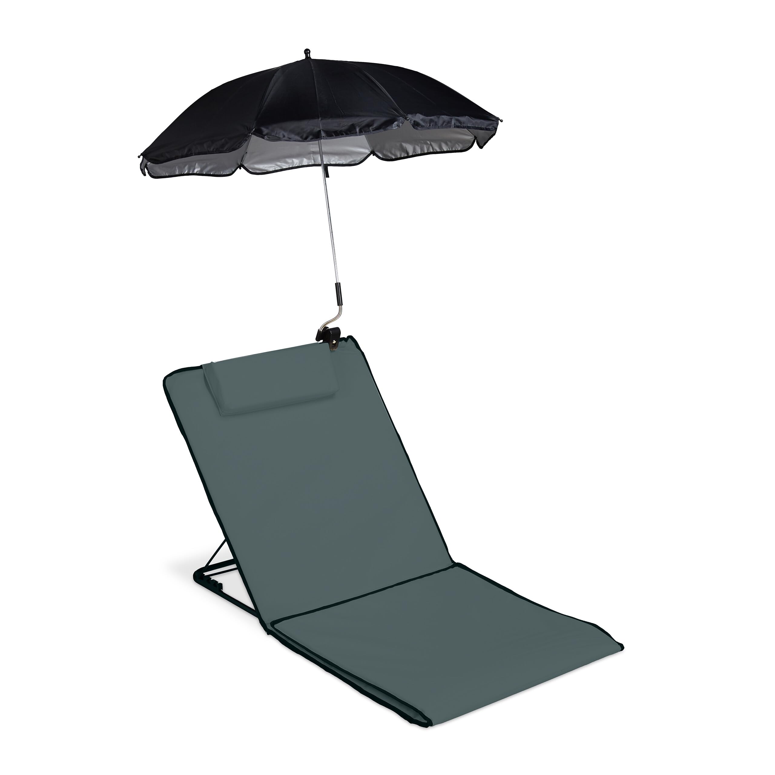 Relaxdays Strandmatte, gepolsterte Strandliege XXL m. Sonnenschirm, 3-stufig verstellbar, Kopfkissen, tragbar, anthrazit