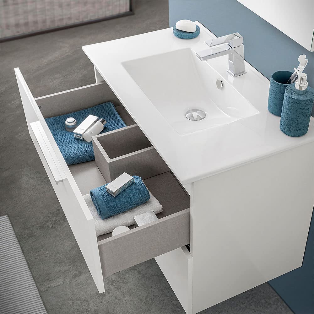 Inbagno Mobile Bagno sospeso 80 cm, Bianco Lucido 2 cassetti, Completo di lavabo e Specchio