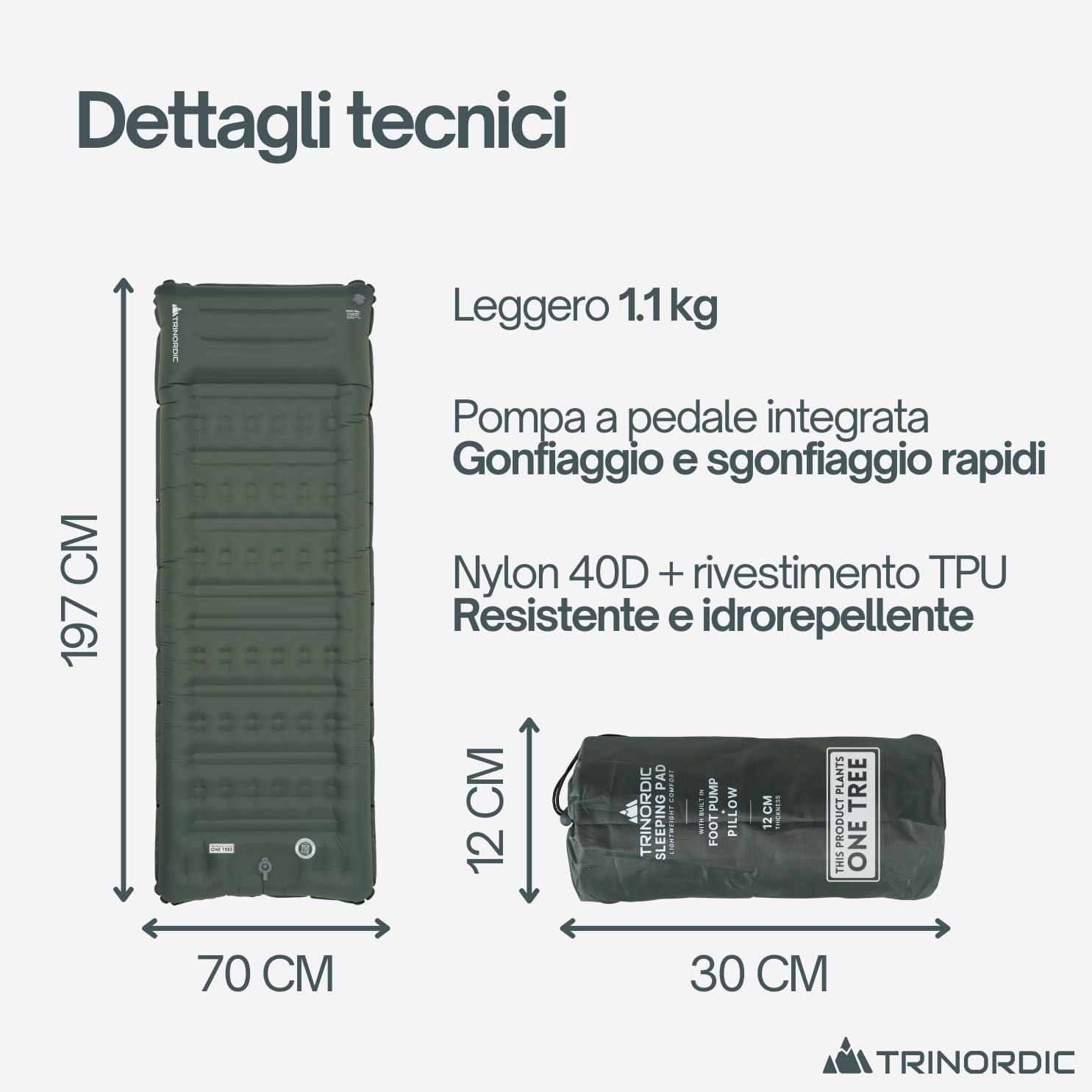 Trinordic Materassino Gonfiabile Spesso Campeggio - 12 cm Extra Spesso e Largo con Pompa a Pedale e Cuscino - Materasso Gonfiabile Singolo Leggero per Avventure, Trekking e Bikepacking