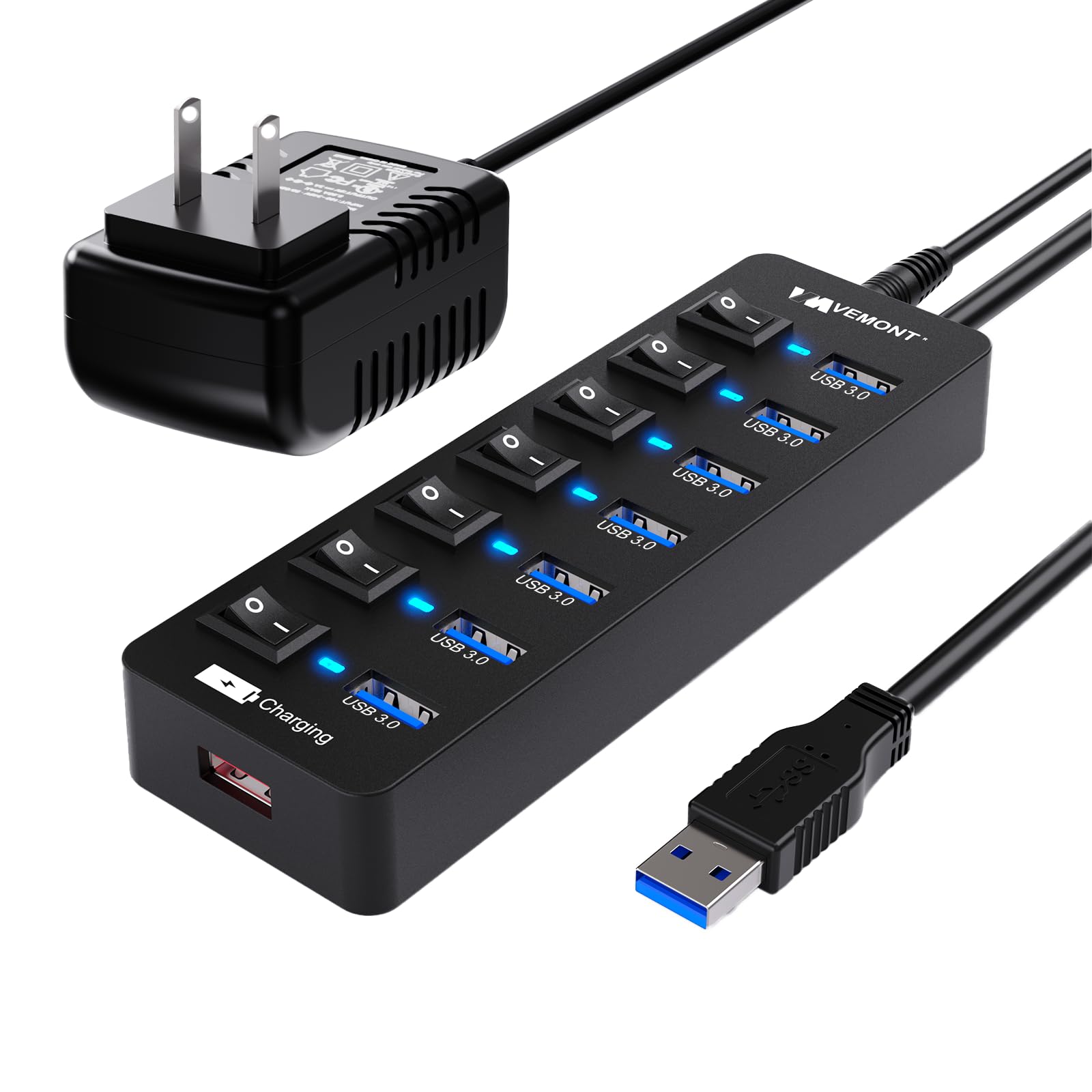 Hub USB 3.0 alimentado, concentradores  de 7 puertos múltiples USB y 1 puerto de carga inteligente USB con fuente de alimentación de 5 V/3 A, divisor de extensión USB con interruptores 7