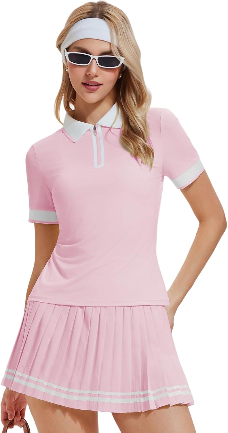 Women's 2-Piece Tennis Skirt Set, Polo V-Neck Top & High-Waisted Pleated Skirt, Athletic Outfit for Golf Pickleball