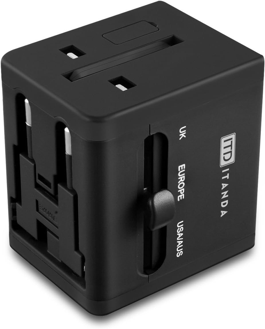 ITANDA World Travel AC Adapter with Dual USB Charging Ports, International Universal US UK EU AU Travel Adapter Safety Fuse Protection Wall Plug (Black)