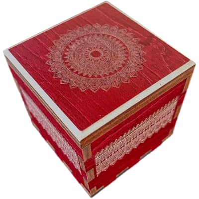 Creative Crafthouse Secret Stash Wood Puzzle Box Red Stained Maple Mandala Edition 4 Inch Cube