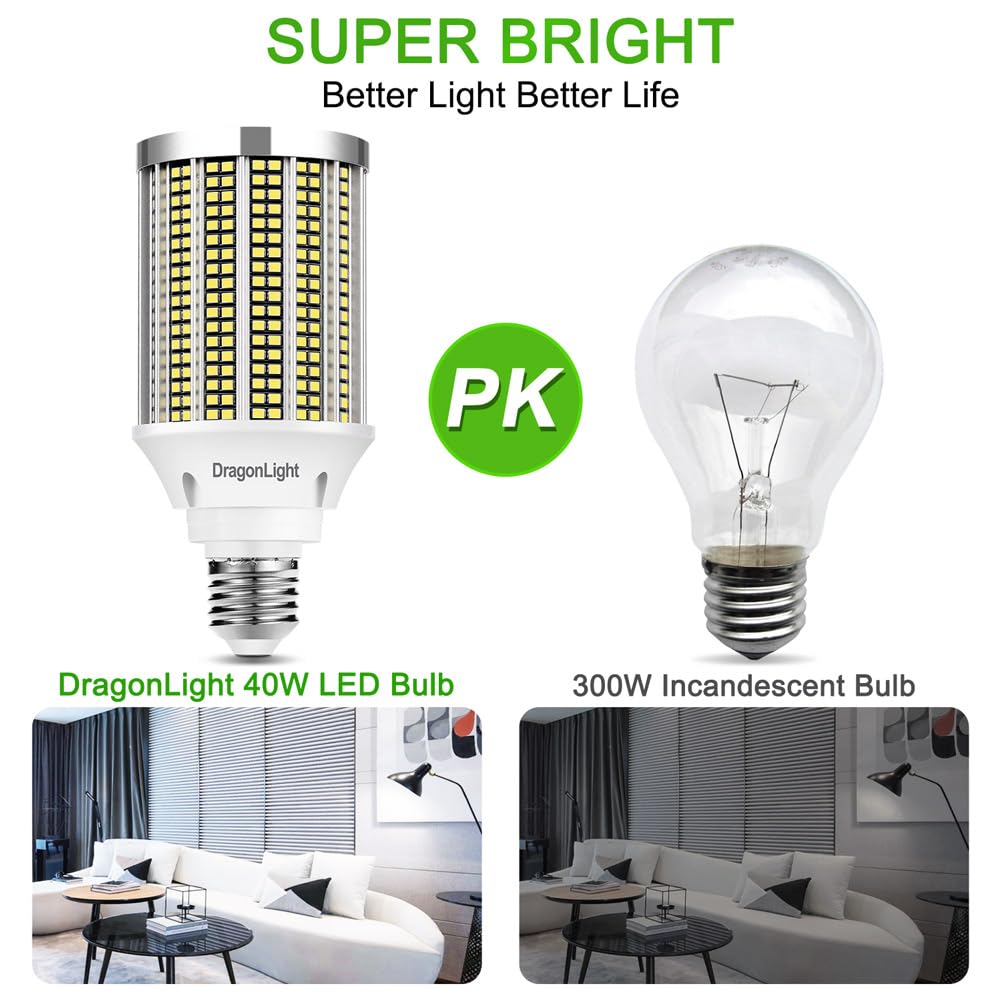 DragonLight Ampoules LED 40W Super Bright Corn Light (remplace 300Watt) - E27 Edison 6000K Cool White 4800LM pour éclairage commercial Garage Workshop Office Patio(Pack de 2)