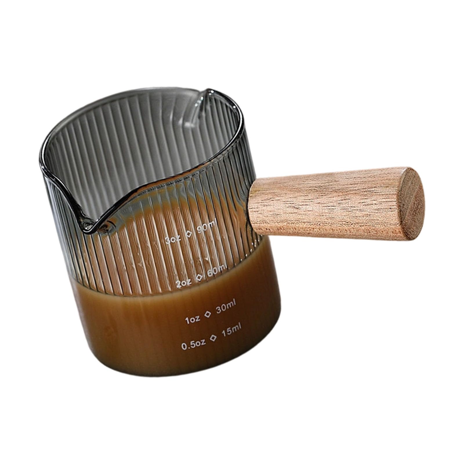 Tsophreniq Professional Milk Frothing Pitcher Coffee Measuring Cup with Duals Spouts and Comfortable Wood Handle Glass Coffee Creamer
