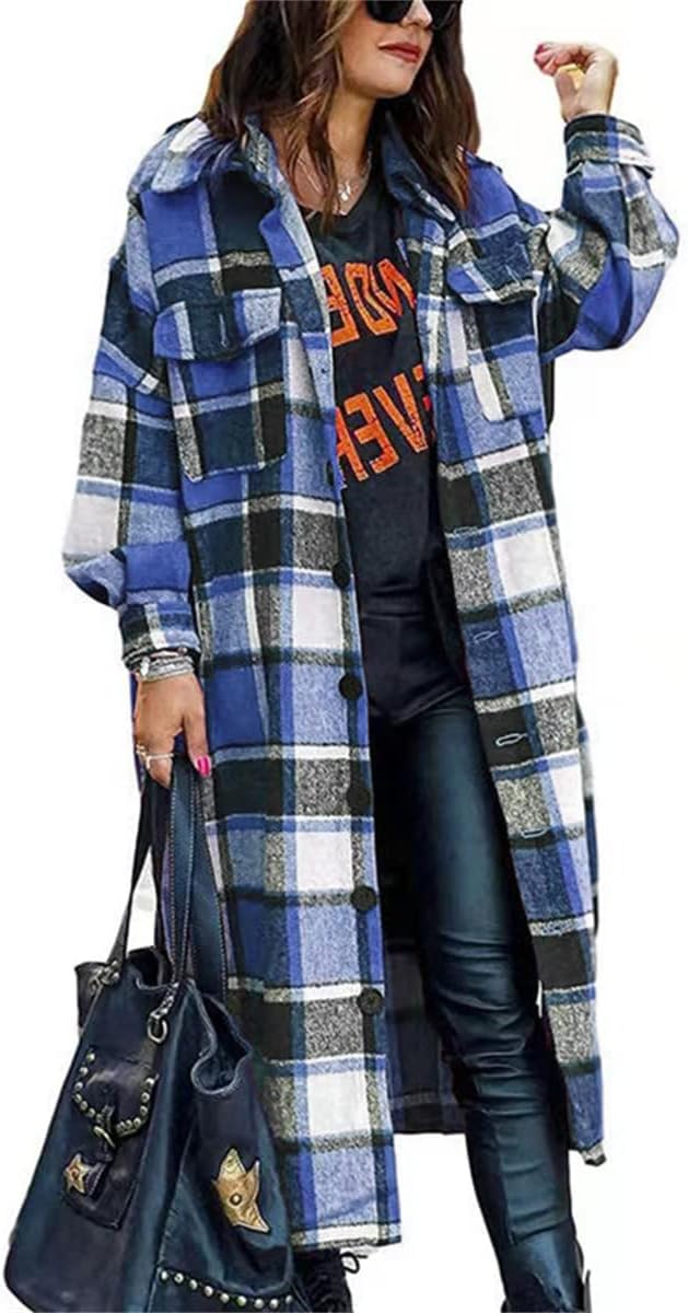 Long Flannel Jacket Women Oversize Plaid Lapel Coat Button Down Pocketed Shacket Jackets Fall Winter Casual Shirt Coat