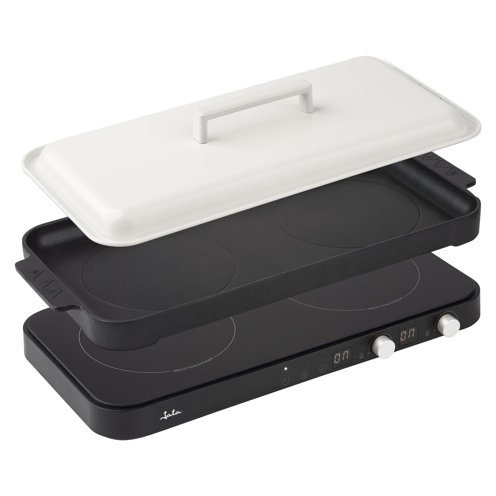 JATA JEVI1470 - Placa Induccion Portatil de 2 Fuegos + Plancha Cocina. 2800 W. Con tapa Antisalpicaduras. Hasta 230ºC. Con Temporizador de 99 minutos.