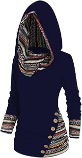 Women's Tribal Stripe Hooded Knit Top – Long Sleeve Pullover Sweatshirt with Mock Button Detail